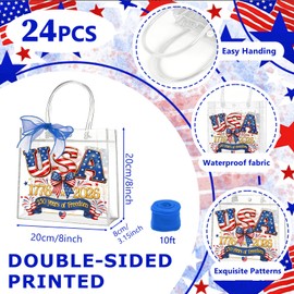 Zenoble 24 Pcs Patriotic Goodie Bags 4th of July Gift Bags 250 Years Double-Sided Clear Pvc Goodie Snack Candy Treat Bag with Bow Ribbon for Independence Day Memorial Day Party Favors