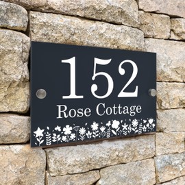 Badgemaster Modern Anthracite House Number Sign Plaque Stainless Steel Standoffs 20cm x 13cm Flower Border Bottom
