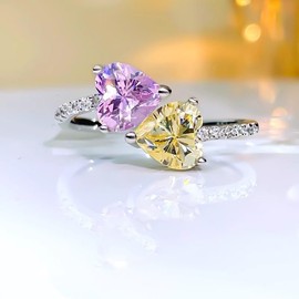 Fashion Pink Heart Cubic Zirconia Promise Rings Pink Diamond Blue and Yellow Diamond Heart Ring Moissanite Heart Yellow Diamond Ring Cz Diamond Eternity Band Opening Adjustable Ring（Pink Yellow）