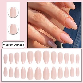 BAOYAALIN Solid Nude Press on Nails Medium Almond Shaped Fake Nails with Simple Solid Nude Design Full Cover Press ons Artificial Acrylic False Stick on Nail for Women Manicure 24Pcs