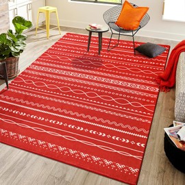 Softlife Christmas Red Area Rug for Living Room, 4x6 Moroccan Neutral Carpet Non-Slip Printed Distressed Rugs Soft Bedroom Rug Throw Geometric for Kitchen Hallway Dining Room