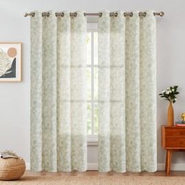Lazzzy Linen Farmhouse Curtains for Living Room 84 Inch Length Floral Print Window Curtains Semi Sheer Drapes for Bedroom Country Light Filtering Curtain Grommet Top 2 Panels Green on Beige