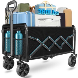 Wagons Carts Foldable, Collapsible Wagon Cart with Wheels - Beach Wagon Cart with Wheels for Sand Sports Camping Grocery, Black
