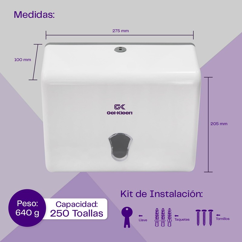 Gel Kleen. Despachador De Toalla Interdoblada. para 250 Toallas.