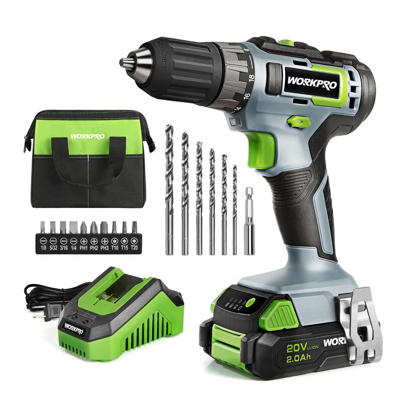 WORKPRO 20V Cordless Drill Driver Kits 3/8'' Keyless Chuck 2.0Ah