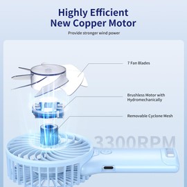 GEHEN Portable Pocket Fan, USB Rechargeable, Mini Fan with Mirror, 4 Gear Wind, Up to 15 Hours, Hand Fan with Powerful Cooling for Travel/Summer/Concerts/Lash, Gifts for Women(Blue)