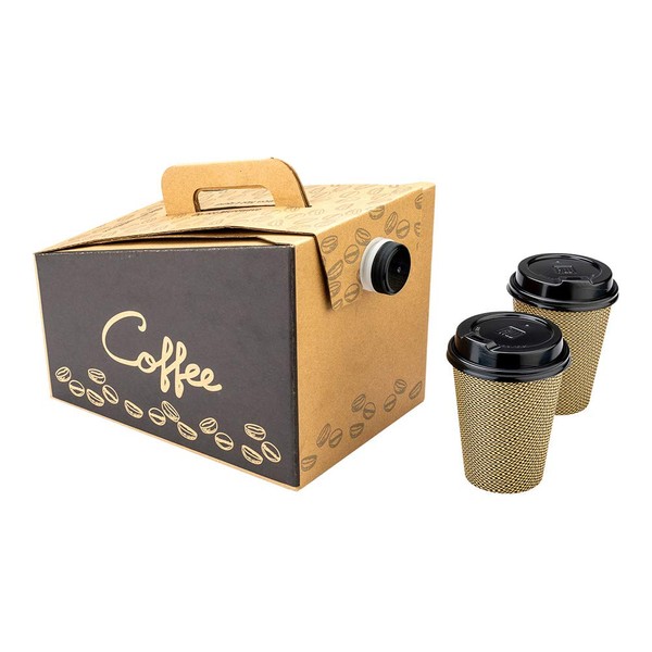 Restaurantware Cater Tek 96 OZ Disposable Coffee Dispensers, 10 Insulated Coffee Take Out Containers-Built-In Handle, LeakResistant Cap, Kraft With Black Paper Coffee To Go Boxes, 12x7.5x8.5 Inch,