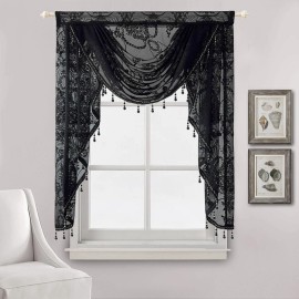 AiDamai Black Beaded Lace Waterfall Valance for Small Window Semi Sheer Swag ...