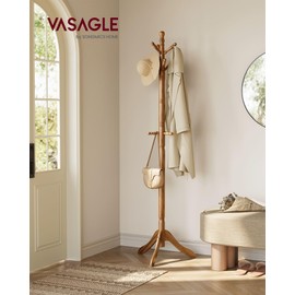 VASAGLE Solid Wood Coat Rack and Stand, Free Standing Hall Coat Tree with 10 Hooks for Hats, Bags, Purses, for Entryway, Hallway, Rubberwood, Caramel Brown URCR03WN
