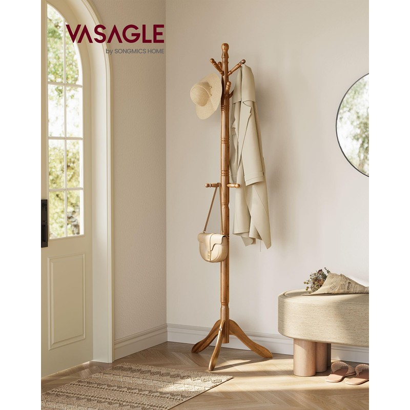 VASAGLE Solid Wood Coat Rack and Stand, Free Standing Hall