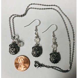 Bulldog Dog Breed Necklace & Earring Set, Bulldog Breed Earrings, with clear crystal accent beads on sterling silver earwires