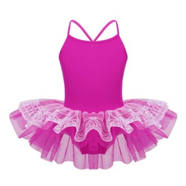 FEESHOW Girls' Gymnastic Camisole Leotard Ballet Dance Dress Tutu Skirt Ballerina Dancing Costumes (Lace Rose Red, 5-6)