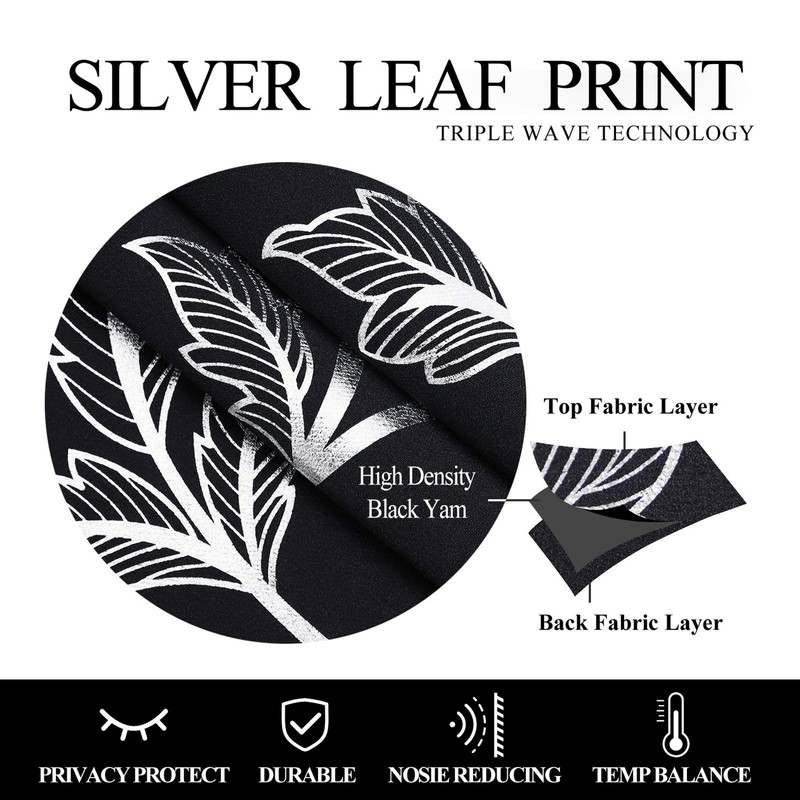 BUHUA Black Blackout Window Curtains Thermal Insulated Silver Vine Print
