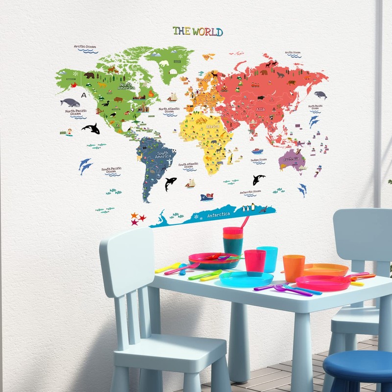 HomeEvolution Large Removable Educational World Map Peel and Stick Wall