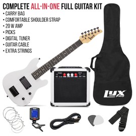 LyxPro 30 Inch Electric Guitar and Starter Kit for Kids with 3/4 Size Beginner’s Guitar, Amp, Six Strings, Two Picks, Shoulder Strap, Digital Clip On Tuner, Guitar Cable and Soft Case Gig Bag - White