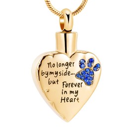 memorial jewelry No Longer by My Side,But Forever in My Heart Carved Locket Cremation Urn Necklace for Pet Dog Cats (Gold-Blue, Stainless-Steel)