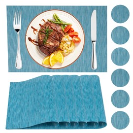 place mats and coasters,PVC heat resistant table mats Placemats Washable Dining Table Mats for Kitchen Dinner Indoor Outdoor Use (Blue 6PCS)