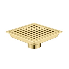 Homfan 4 Inch Square Shower Floor Drain, Brushed Nickel High Flow Shower Drain Kit with Flange with Hair Filter, Removable Grate Cover, Stainless Steel, Abs Fixing Tray, CUPC Certified (Brushed Gold)
