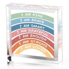 Inspirational Desk Decor - I Am Kind Smart Brave Positive Affirmations Boho Rainbow Desktop Sign - Colorful Motivational Quote Desk Sign Decor For Home Girls Room Office Wall Desk Shelf Decoration