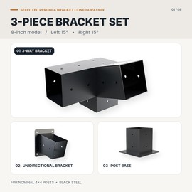 3 Piece Slanted Roof Pergola Bracket Set for 4x4 Posts, Black Steel 3-Way Corner Connector, Wall Mount Bracket and Post Base with Hardware