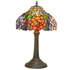 Blivuself Tiffany Style Stained Glass Lamp Red Orange Purple Pink Rose Table Lamp Bedroom Bedside Reading Desk Light for Living Office Retro Unique Cute Accent Decor 12" Village Gift Nightstand Lamps