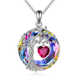 POPLYKE Tree of life Birthstone Necklace for Women Sterling Silver Tree Jewelry Ruby Pendant July Birthstone Gemstone Anniversary Birthday