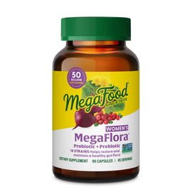 MegaFood MegaFlora Probiotics and Prebiotics for Women with 14 Strains & 50 Billion CFUs, Cranberry, Digestive Health, Vegetarian, Prebiotics and Probiotics for Women - 90 Capsules (45 Servings)