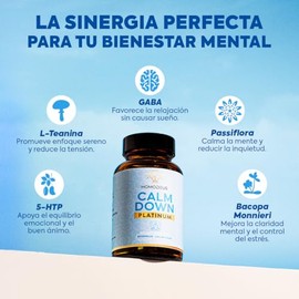 Homodeus Calm Down Platinum  GABA, 5HTP, L-Teanina, Bacopa, Passiflora, Magnesio, Zinc, Vitaminas B6, B12 y D  Suplemento Avanzado para Relajacin y...