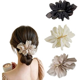 HASTHIP® Pinzas para el Cabello Mujer 3 Piezas, Broches de Flor Grande Chiffon Estilo Francés, Accesorios Elegantes Blanco Beige Negro, para Uso Diario, Fiestas, Novias y Regalos