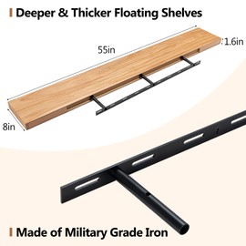 Fun Memories 55 Inch Fireplace Mantel Shelf, Wood Floating Shelves Wall Mounted, Wall Shelves with Invisible Bracket for Living Room Bathroom Bedroom Kitchen, Set of 1 (Natural, 55"x 8")