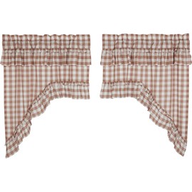VHC Brands Annie Buffalo Portabella Check Farmhouse Ruffled Swag Curtain Set 36x36x16
