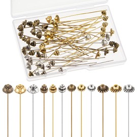 60 Pieces Head Pins for Jewelry Making Flower Beads Ball Pins 2.1 Inch with Clear Box for Jewelry Making Earring Bracelet DIY Accessories, Silver, 3 Colors(Classic Style)