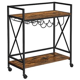 VASAGLE Bar Cart, Serving Cart, Mobile Kitchen Shelf with Glass Stemware Rack and Wine Bottle Holders, Industrial, Rustic Brown and Black ULRC088B01
