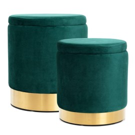BRIKY Round Storage Ottoman, Green Velvet Ottoman with Storage for Living Room, Upholstered Ottoman Foot Rest Stool with Gold Plating Base, Pack of 2 Vanity Accent Chairs for Bedroom