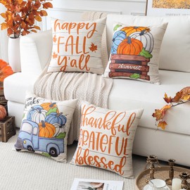 Artscope Fall Decorative Throw Pillow Covers 18x18 Inch Set of 4, Happy Fall Pumpkin Truck Thankful Grateful Blessed Outdoor Farmhouse Pillow Cases for Home Sofa Couch-Orange Beige