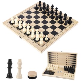 Chess Game, 3-in-1 Chess Board Wooden Foldable High-Quality Chess Lady Backgammon, Portable Chess Set for Children and Adults, Family Party, Travel (29 x 29 cm)