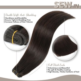 Jerriess Sew in Hair Extensions Real Human hair, Silky Soft &Shiny Double Drawn Weft Hair Extensions human hair, Thick ends &Tangle Free Human hair extensions sew in, 100g Straight Dark Brown, 16 inch