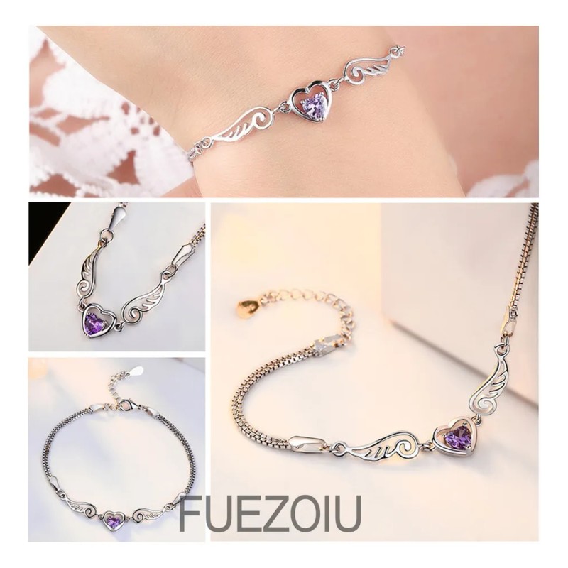 Fuezoiu 2 Piezas Pulseras Plata Corazón Alas Ángel Ajustable Joyeria