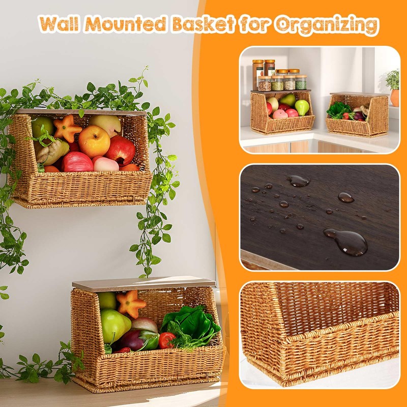 2 Tier Fruit Basket for Kitchen Counter Stackable Wall Mounted