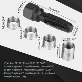 Re-thread Taps, Spark Plug Inserts, 5 Piece Spark Plug Thread Repair Tool, Spark Plug Carbon Steel Rescrew Repair Tap Kit, Reamer Inserts for 14mm Spark Plug