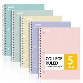 SUNEE Cuadernos de espiral, 1 materia, paquete de 5, papel rayado universitario, 8 x 10-12 pulgadas, 70 hojas por cuaderno, papel perforado de 3...   