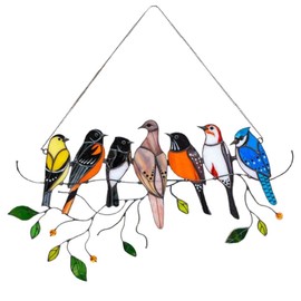 Tianbi Mini Stained Bird Window Hanging Suncatcher,Stained glass birds-on-a-wire window panel,Birds Window Hangings Suncatchers,Window Decorations for Home