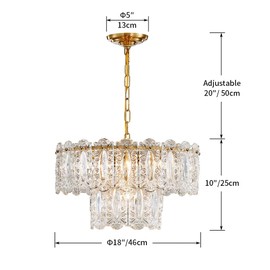 AGV LIGHTING CH010 Crystal Chandelier, Vintage Pendant Chandelier Lighting with 4-Lights, D18 x H10, 2- Tier Glass Shade & Copper Finish