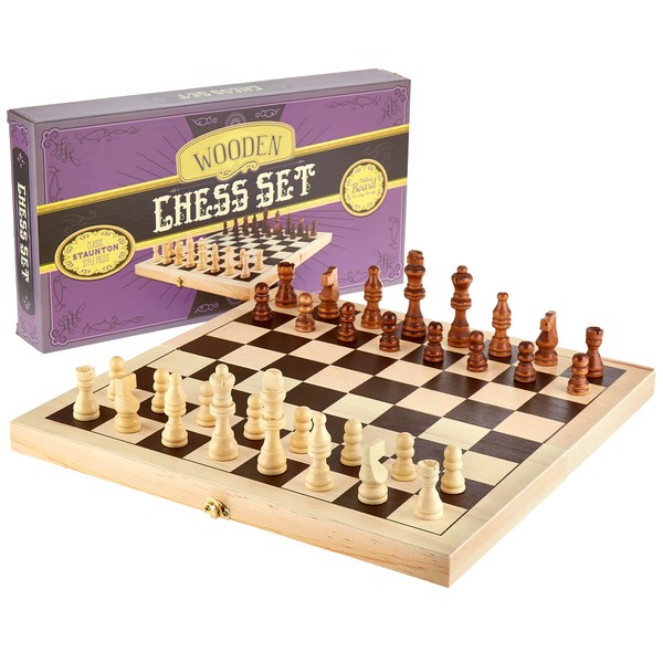 Brybelly Natural Wooden Folding Chess Game with Staunton Wood Carved Pieces, 14-Inch