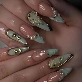 Green Press on Nails Long Almond Fake Nails with 3D Rose Flower Pearl French Tip Designs 24 Pcs Natural Reusable Acrylic Nail Full Cover Stick on Nail for Elegant Women Wedding Party No Glue WYFHDT