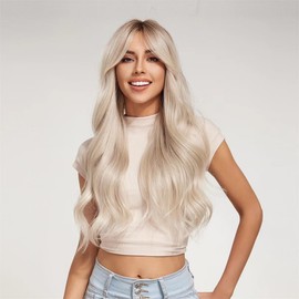 Women's wig with long curly hair, white gold wig with medium split large wave wig