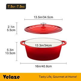 Velaze 7.5 QT Enameled Oval Dutch Oven Pot with Lid, Cast Iron Dutch Oven with Dual Handles for Bread Baking, Cooking, Frying, Non-stick Enamel Coated Cookware (RED)