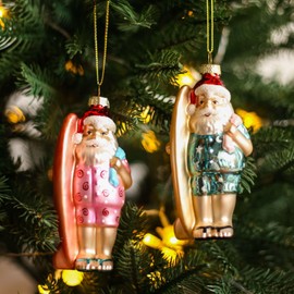 Amanman Beach Glass Ornaments Set - 2 Pack Funny Hand Blown Glass Christmas Ornaments Surfing Santas, Coastal Sea Glass Decor - 5" Christmas Tree Decorations