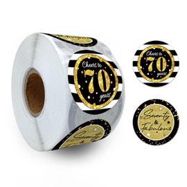 REWIDPARTY Black Gold 70th Birthday Rolls - 500 PCS Cheers to 70 Years Stickers for Party Favors & Decorations