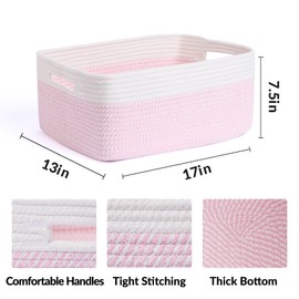 MiniArk Large Storage Baskets for Shelves, Closet Organizers and Storage Bins for Clothes Blanket Towels, Baby Nursery, Toy Baskets Box, Woven Rope Baskets, 17 x 13 x 7.5”, 3 Packs Woven Pink